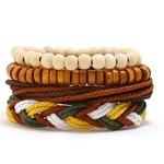 4pcs / set Unisex Retro Pulseira de couro madeira Bead Rope Cadeia Elegante Pulseira Set