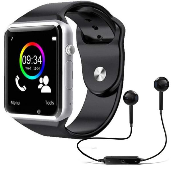 A1 Relógio Inteligente Smart Watch Bluetooth Chip Android + Fone de Ouvido Bluetooth Prata