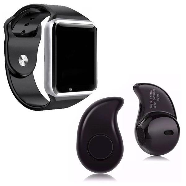 A1 Relógio Inteligente Smart Watch Bluetooth Chip Android + Mini Fone de Ouvido Bluetooth Prata - a Smart