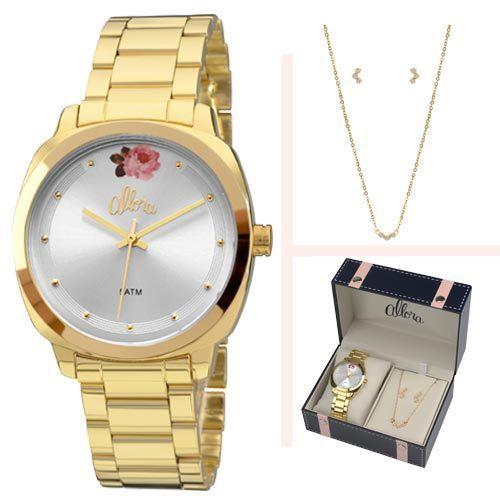 Allora Feminino Kit Redondo Analogico Prata/flores/rosa Dourado + Cd/br Al2035fai/k4k