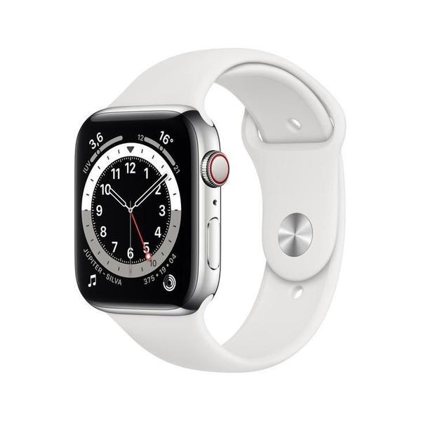Apple Watch Series 6 Cellular + GPS, 44 Mm, Aço Inoxidável Prata, Pulseira Esportiva Branco