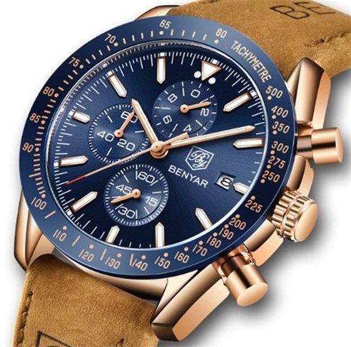 Benyar* 5140 Relógio Masculino Couro Genuíno Chronograph (Azul)