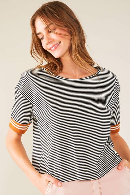 Blusa Cantão Square Listrada - Preto e Branco