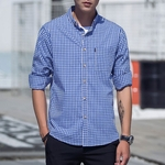 Botão Homens de algodão macio shirt do teste padrão Casual shirt de manga comprida xadrez