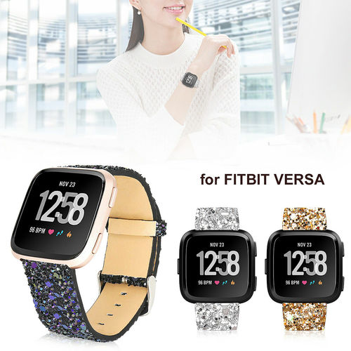 Brilho Relógio de Couro Banda Pulseira de Pulso para Fitbit Versa Aptidão