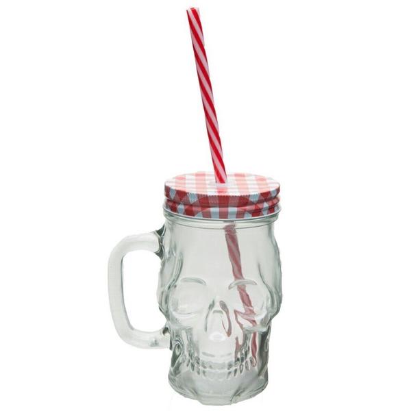 Caneca 400ml de Vidro com Canudo Caveira Chelsea Dolce Home - D0136