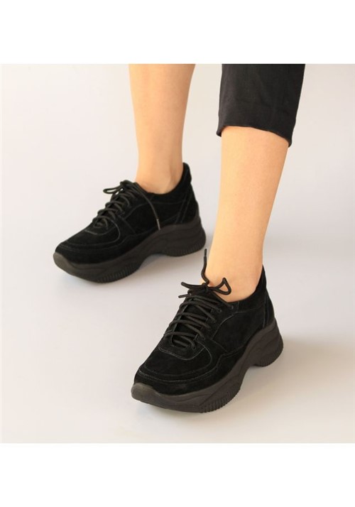 Chunky Sneaker Monocolor Couro Camurça Preto