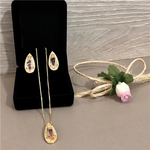 Conjunto Colar + Brinco Semi Jóia em Zircônia Dourado 01