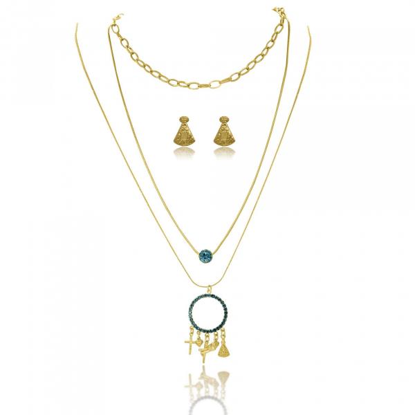 Conjunto Triplo Nossa Senhora Folheado a Ouro 18k - Lunozê