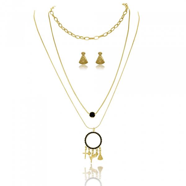 Conjunto Triplo Nossa Senhora Folheado a Ouro 18k - Lunozê