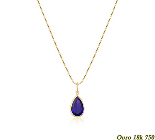 Cordão Ouro 18k 750 Feminino 40cm + Ponto de Luz Gota 9mm Azul Safira