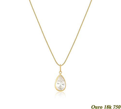 Cordão Ouro 18k 750 Feminino 40cm + Ponto de Luz Gota 9mm Branco