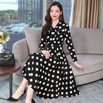 Dots Decorated Leisure Dress with Bowknot Woman Large Hem Casual Dress Spring Autumn