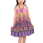 Estilo Children Girl Fashion Bohemia longo colorido Sling Beach Dress Backless Enrole Peito Vestido + Colorido Colar Beads