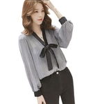 Feminino Casual Elegante Shirts Collar Tops bowknot manga comprida V