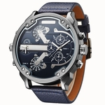 Homens de negócios Two Time Zone Quartz elegante relógio de luxo de couro Watchband relógio de pulso