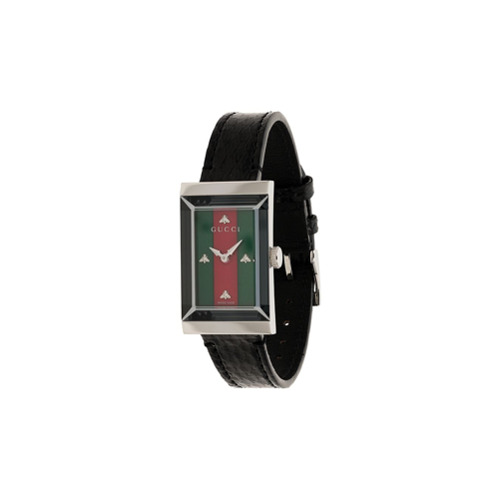 Gucci G-Frame Striped Face Leather Watch - Preto