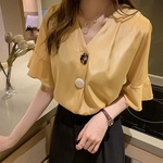 LOS Mulheres Verão elegante decote em V chiffon blusa solta de manga curta Único Breasted Camisa Blouse