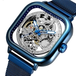 Homens Auto Mecânica relógio do quadrado Esqueleto Dial Stainless Steel malha pulseira de relógio de pulso