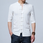 Homens Camisa de Linho de Algodão Roupa Tradicional Chinesa Juventude Em Pé Colar Retro Hanfu Camisa de Cinco mangas