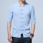 Homens Camisa de Linho de Algodão Roupa Tradicional Chinesa Juventude Em Pé Colar Retro Hanfu Camisa de Cinco mangas