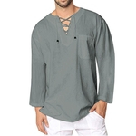 Homens cor sólida Enlaçando Algodão Linho Long Sleeve solto shirt