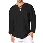 Homens cor sólida Enlaçando Algodão Linho Long Sleeve solto shirt