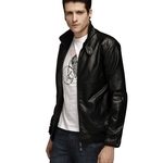 Men Motorcycle Faux Leather Coat Stand Collar Ribbed Hem Slim PU Jacket Overcoat