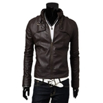 Men Motorcycle PU Leather Slim Coat Stand Collar Zipper Jacket with Epaulettes Belt