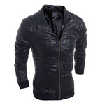 Homens da motocicleta PU Leather Jacket Brasão Stylish multi Zipper Pockets lapela Overcoat Casual