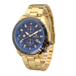 Homens de aço inoxidável Moda Estilo de visita azul Rodada Dial Strap Ouro Quartz Relógio de pulso com calendário Men's watch