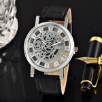 Homens moda escavar imitação relógio mecânico de quartzo com pulseira de couro