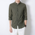 Homens Simples Cotton Retro e camisa de linho luva Oriente Levante Moda Collar Shirt