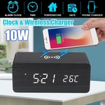 3in1 Qi Relógio de Carga Sem Fio Digital LED Desk Alarm De Madeira Com Termômetro Presente Para iPhone 11 Etc