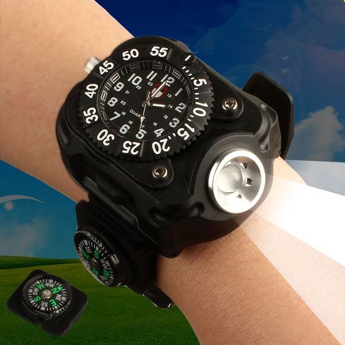 3in1 Super Bright LED Watch lanterna tocha acende Compass, Outdoor Sports recarregável Mens relógio de pulso, à prova d'água Pulseira Lamp
