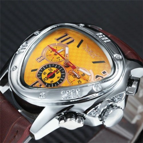 Jaragar* 038 Relógio Masculino Mecânico Inox Couro Genuíno Luz Negra (Amarelo)