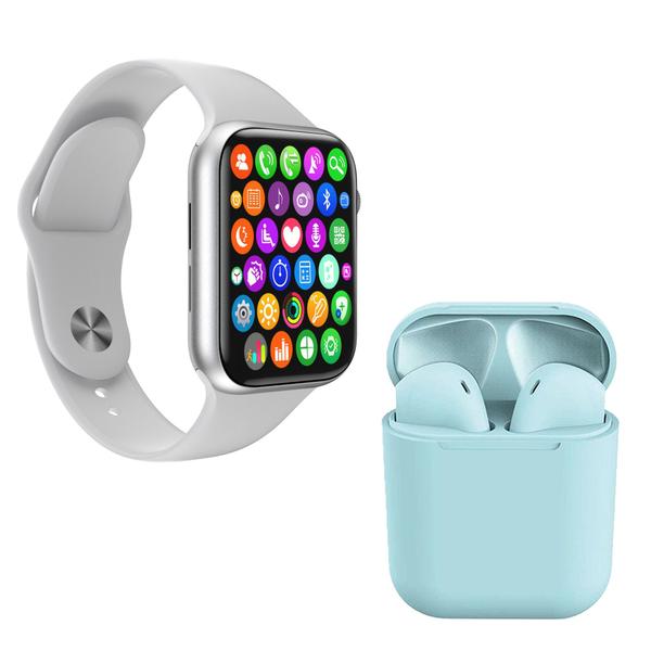 Kit 1 Relógio Inteligente SmartWatch IWO8 Lite Plus Branco + 1 Fone Bluetooth InPods I12 Azul Claro - Smart Bracelet