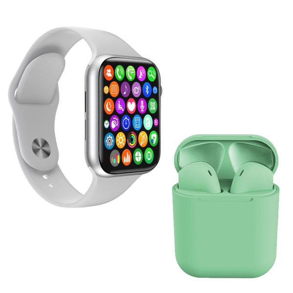 Kit 1 Relógio Inteligente SmartWatch IWO8 Lite Plus Branco + 1 Fone Bluetooth InPods I12 Verde - Smart Bracelet