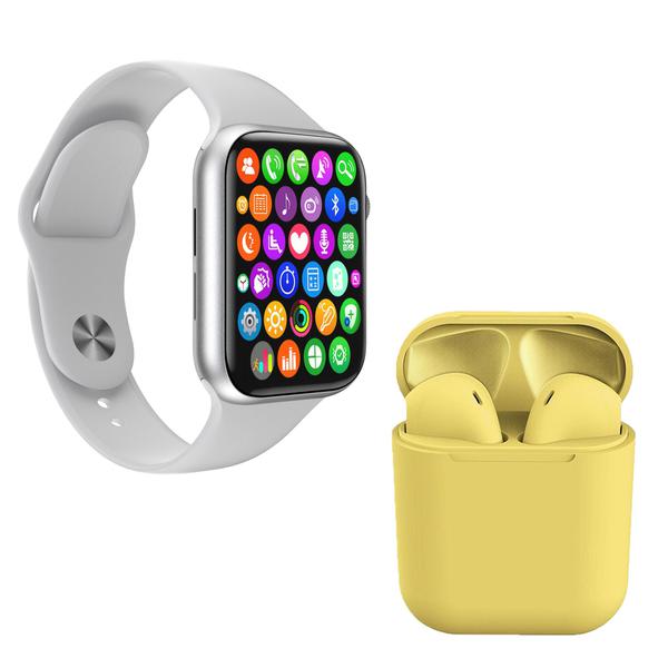 Kit 1 Relógio Inteligente SmartWatch IWO8 Lite Plus Branco + 1 Fone Bt InPods I12 Amarelo - Smart Bracelet