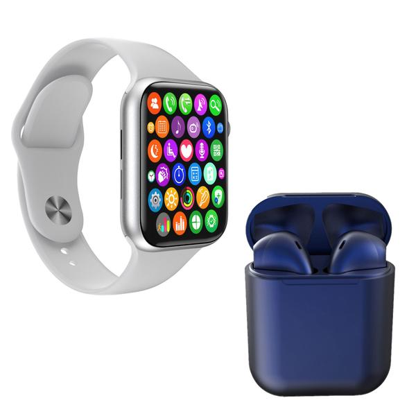 Kit 1 Relógio Inteligente SmartWatch IWO8 Lite Plus Branco + 1 Fone Bt InPods I12 Azul Escuro - Smart Bracelet