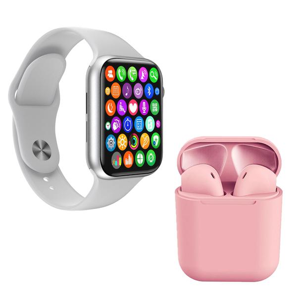 Kit 1 Relógio Inteligente SmartWatch IWO8 Lite Plus Branco + 1 Fone Bt InPods I12 Rosa - Smart Bracelet