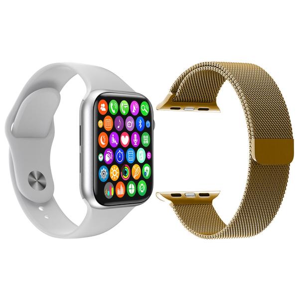 Kit 1 Relógio Inteligente SmartWatch IWO8 Lite Plus Branco + 1 Pulseira Extra Milanese Marrom - Smart Bracelet