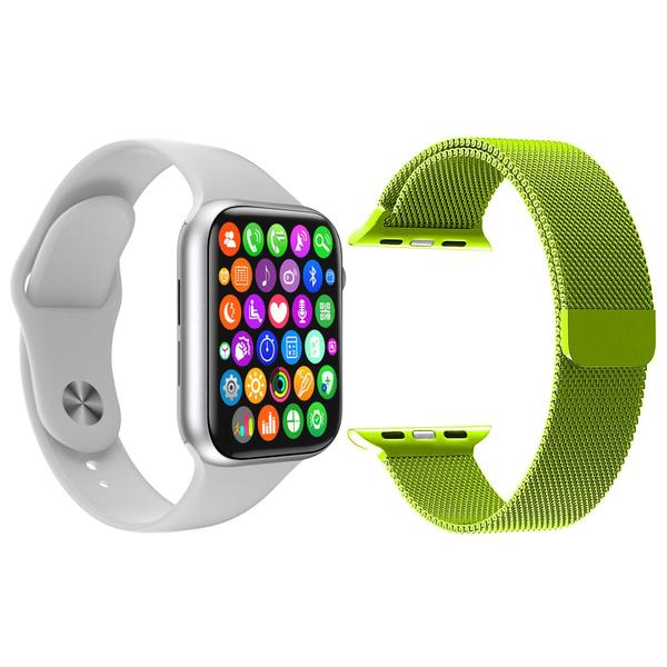 Kit 1 Relógio Inteligente SmartWatch W34 S Branco Android IOS + 1 Pulseira Milanese Verde Musgo - Smart Bracelet