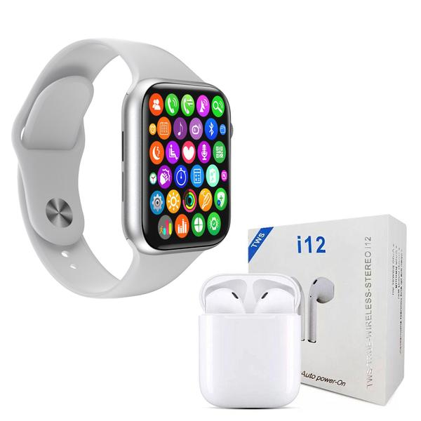 Kit 1 Relógio Inteligente SmartWatch W34 S Branco Troca Pulseira + 1 Fone Bluetooth I12 TWS - Smart Bracelet