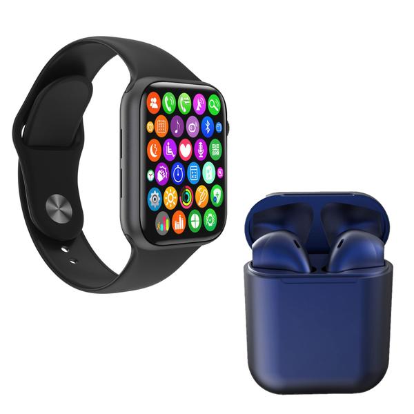 Kit 1 Relógio Inteligente SmartWatch IWO8 Lite Plus Preto + 1 Fone Bluetooth InPods I12 Azul Escuro - Smart Bracelet