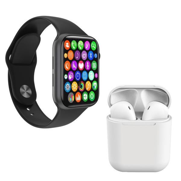 Kit 1 Relógio Inteligente SmartWatch IWO8 Lite Plus Preto + 1 Fone Bluetooth InPods I12 Branco - Smart Bracelet