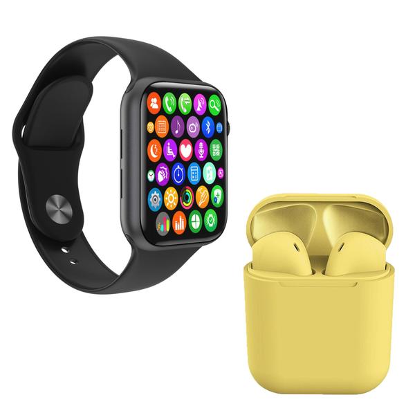 Kit 1 Relógio Inteligente SmartWatch IWO8 Lite Plus Preto + 1 Fone Bt InPods I12 Amarelo - Smart Bracelet