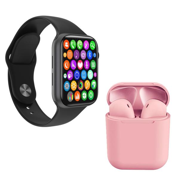 Kit 1 Relógio Inteligente SmartWatch IWO8 Lite Plus Preto + 1 Fone Bt InPods I12 Rosa - Smart Bracelet