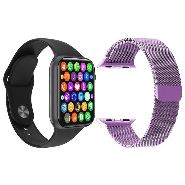 Kit 1 Relógio Inteligente SmartWatch IWO8 Lite Plus Preto + 1 Pulseira Extra Milanese Roxo - Smart Bracelet