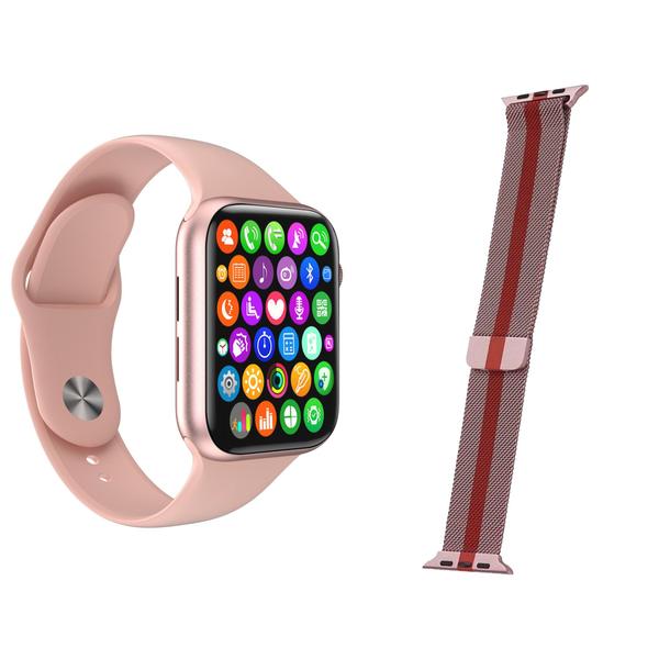 Kit 1 Relógio Inteligente SmartWatch IWO8 Lite Plus Preto + 1 Pulseira Milanese Rosa Listrada - Smart Bracelet